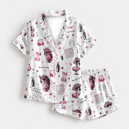 PJ-M136-White Satin Flamingo Pajama Apparel, Pink Golf Pattern Sleeve Loungewear Sleepwear Collection Clothing