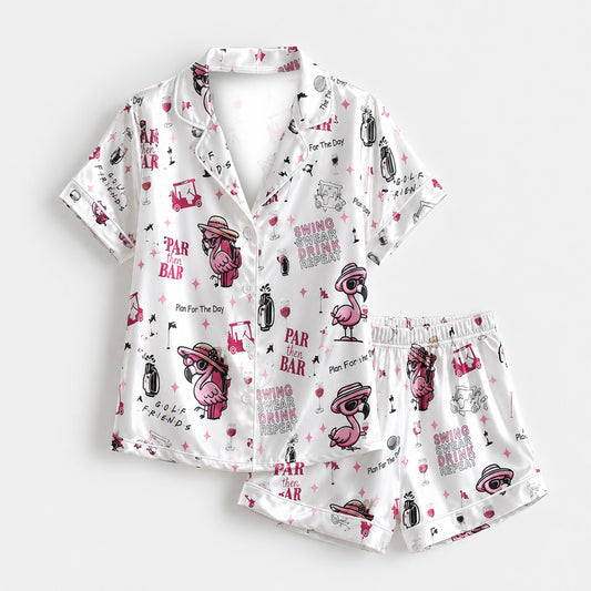 PJ-M136-White Satin Flamingo Pajama Apparel, Pink Golf Pattern Sleeve Loungewear Sleepwear Collection Clothing