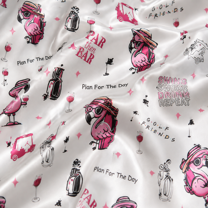 PJ-M136-White Satin Flamingo Pajama Apparel, Pink Golf Pattern Sleeve Loungewear Sleepwear Collection Clothing