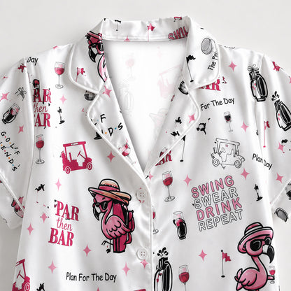 PJ-M136-White Satin Flamingo Pajama Apparel, Pink Golf Pattern Sleeve Loungewear Sleepwear Collection Clothing