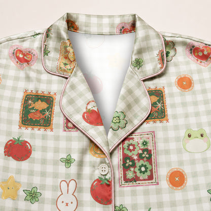 PJ-M135-Green Satin Gingham Pajama Apparel, Cute Bear Pattern Short Sleeve Loungewear Sleepwear Collection Clothing
