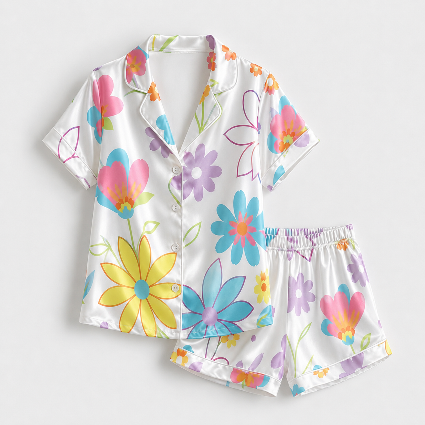 PJ-M137-Pearl Silk Botanical Pajama Apparel, Retro Blossom Graphic Short Sleeve Loungewear Sleepwear Collection Raiment