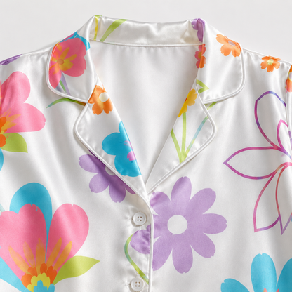 PJ-M137-Pearl Silk Botanical Pajama Apparel, Retro Blossom Graphic Short Sleeve Loungewear Sleepwear Collection Raiment