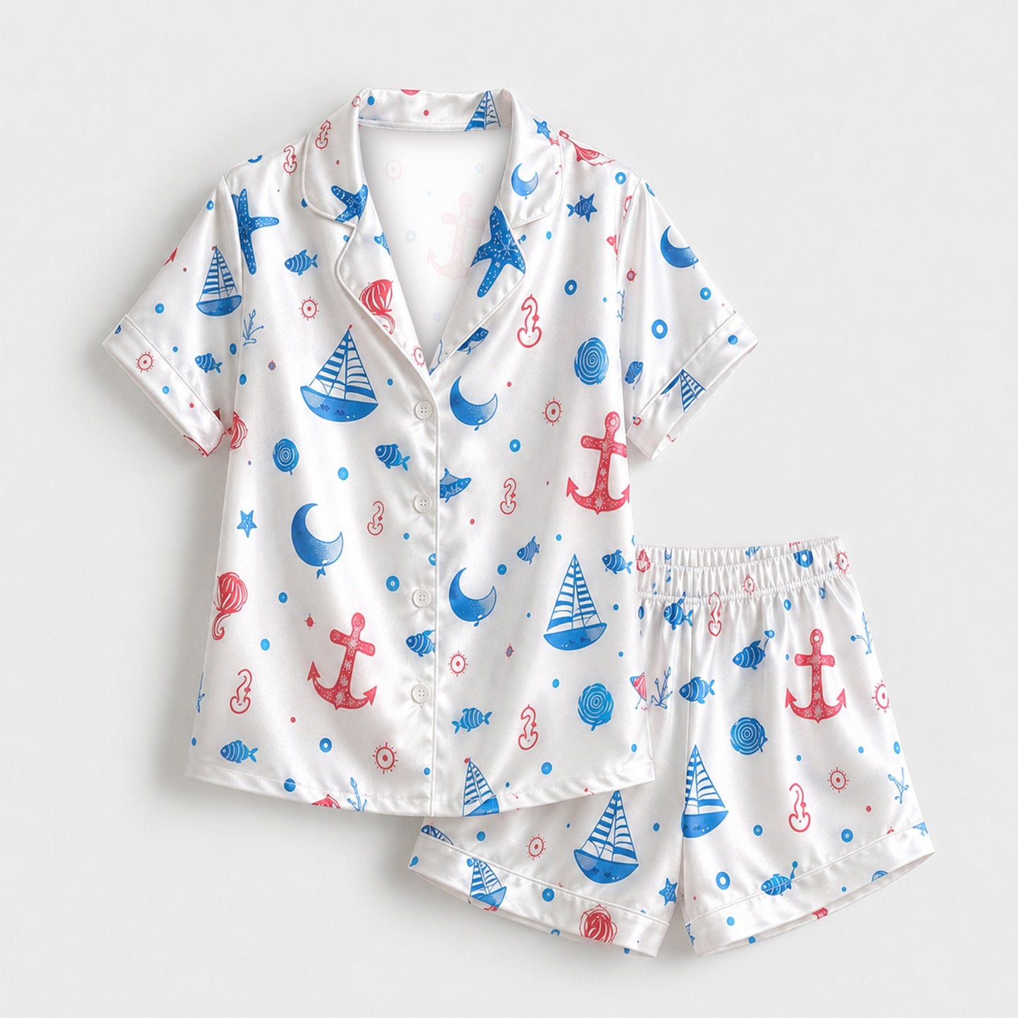 PJ-M138-White Satin Nautical Pajama Apparel, Blue Sailboat Pattern Short Sleeve Loungewear Sleepwear Collection Clothing