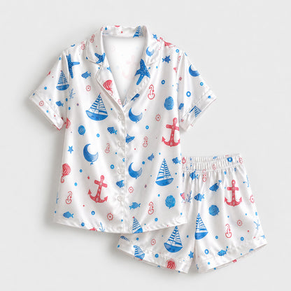 PJ-M138-White Satin Nautical Pajama Apparel, Blue Sailboat Pattern Short Sleeve Loungewear Sleepwear Collection Clothing