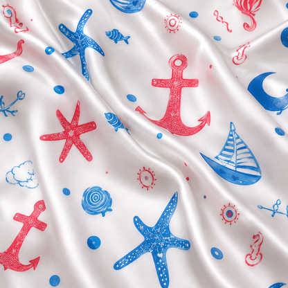 PJ-M138-White Satin Nautical Pajama Apparel, Blue Sailboat Pattern Short Sleeve Loungewear Sleepwear Collection Clothing