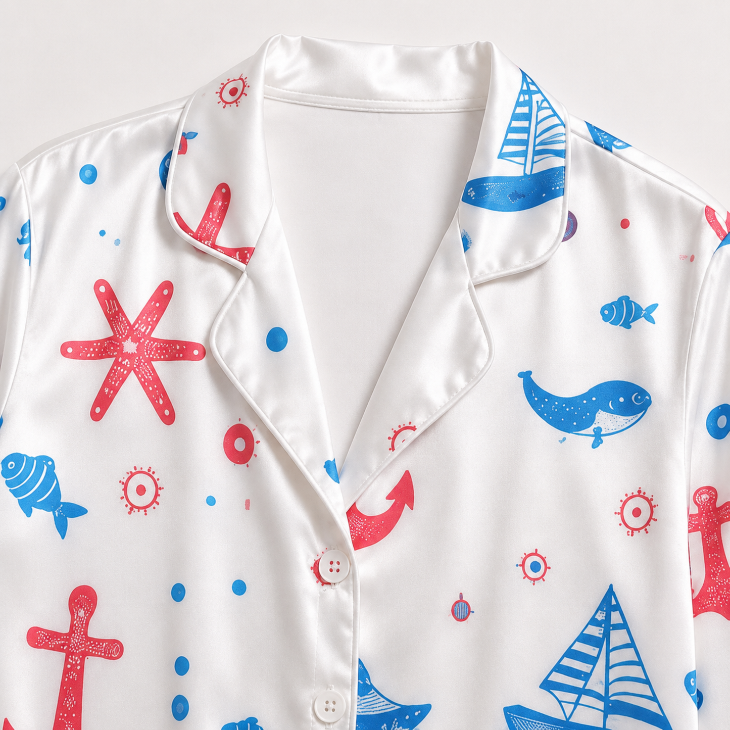 PJ-M138-White Satin Nautical Pajama Apparel, Blue Sailboat Pattern Short Sleeve Loungewear Sleepwear Collection Clothing