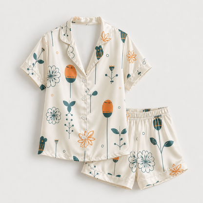 PJ-M139-Ivory Satin Floral Pajama Apparel, Orange Botanical Pattern Short Sleeve Loungewear Sleepwear Collection Clothing
