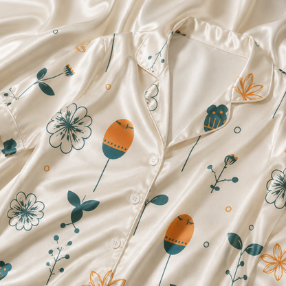 PJ-M139-Ivory Satin Floral Pajama Apparel, Orange Botanical Pattern Short Sleeve Loungewear Sleepwear Collection Clothing