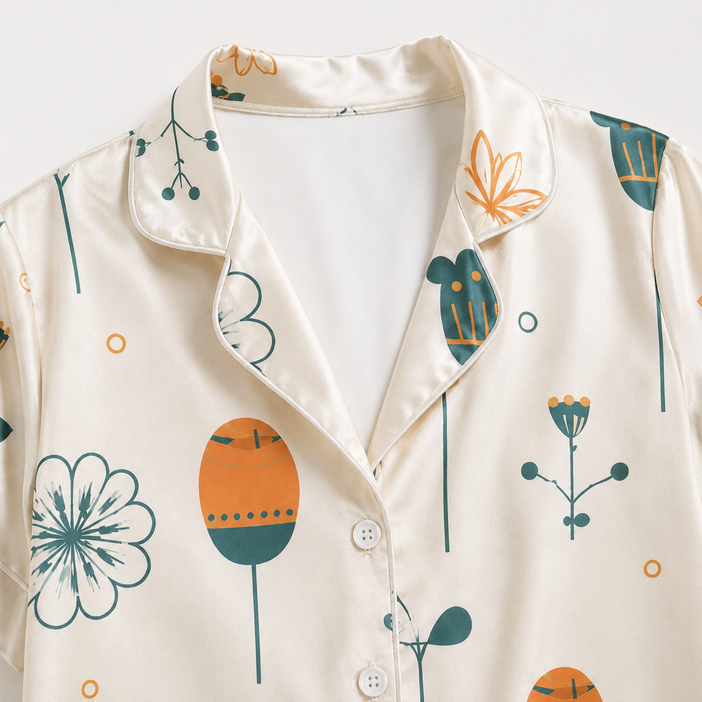 PJ-M139-Ivory Satin Floral Pajama Apparel, Orange Botanical Pattern Short Sleeve Loungewear Sleepwear Collection Clothing