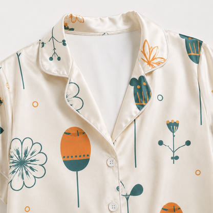 PJ-M139-Ivory Satin Floral Pajama Apparel, Orange Botanical Pattern Short Sleeve Loungewear Sleepwear Collection Clothing