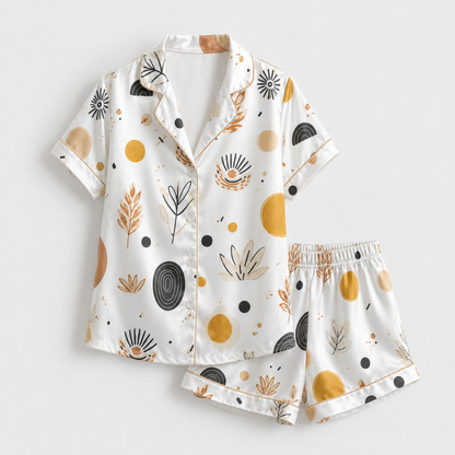 PJ-M140-Modern Boho Geometric Satin Pajama Set with Abstract Mid Century Pattern for Cozy Sleepwear