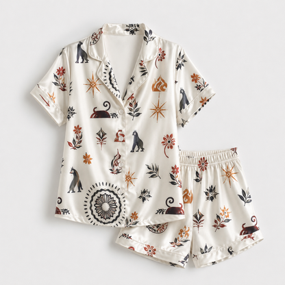PJ-M141-Celestial Black Cat Satin Pajama Set with Mystic Moon and Star Pattern for Cozy Sleepwear
