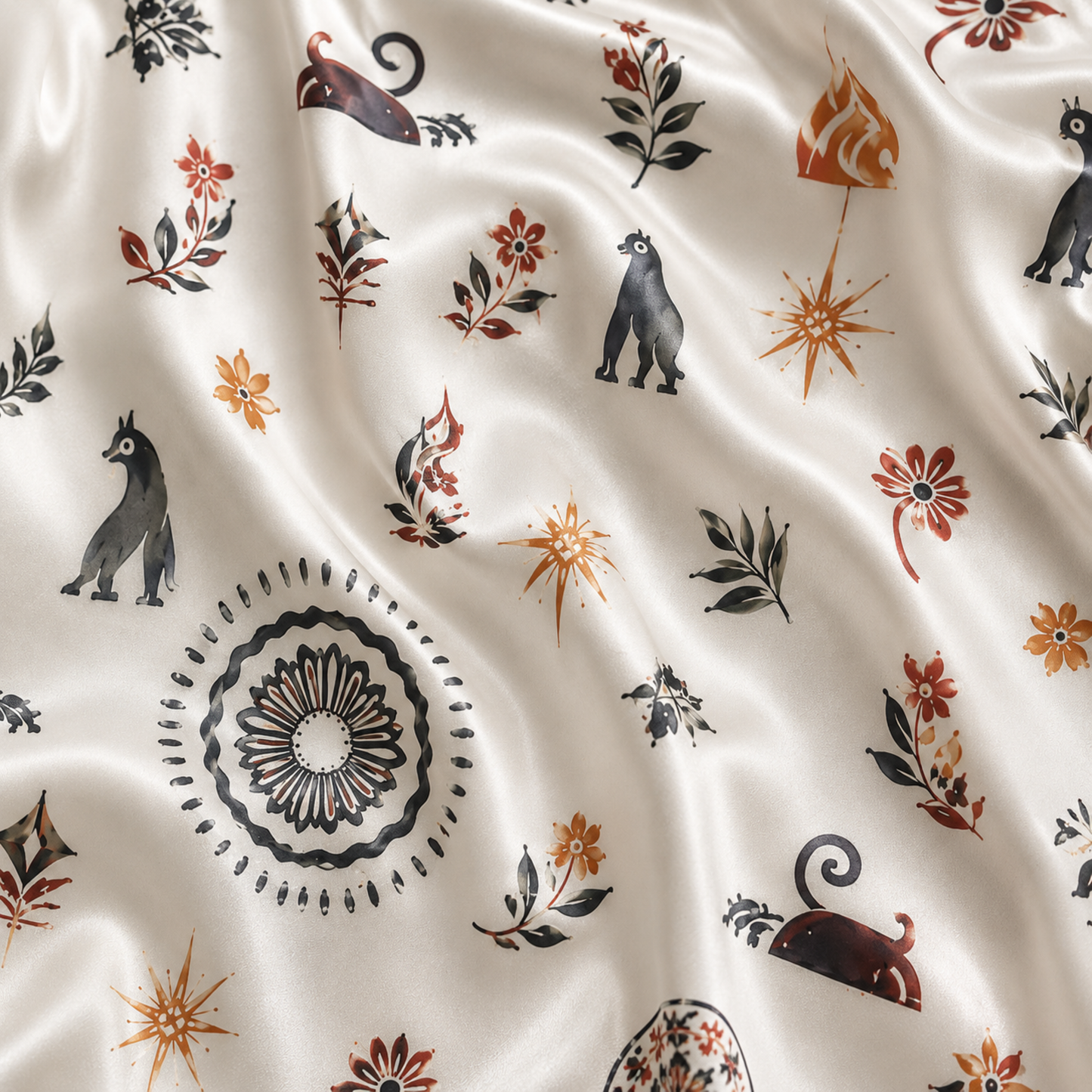 PJ-M141-Celestial Black Cat Satin Pajama Set with Mystic Moon and Star Pattern for Cozy Sleepwear
