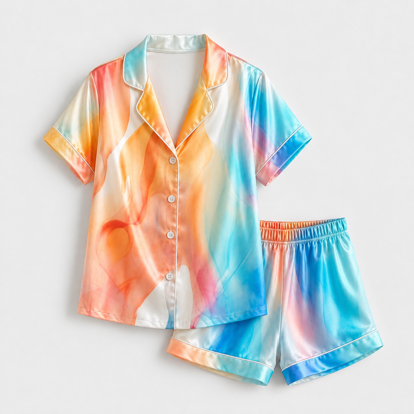 PJ-M142-Vibrant Watercolor Marble Satin Pajama Set with Colorful Abstract Art for Cozy Sleepwear