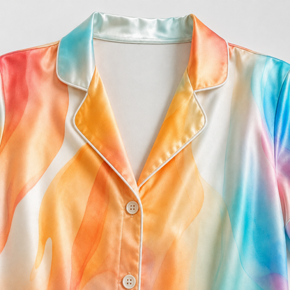 PJ-M142-Vibrant Watercolor Marble Satin Pajama Set with Colorful Abstract Art for Cozy Sleepwear