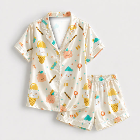 PJ-M143-Beige Satin Nightwear Pajama Apparel, Playful Lollipop Component Short Sleeve Loungewear Sleepwear Collection Vesture