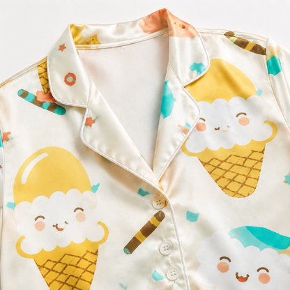 PJ-M143-Beige Satin Nightwear Pajama Apparel, Playful Lollipop Component Short Sleeve Loungewear Sleepwear Collection Vesture