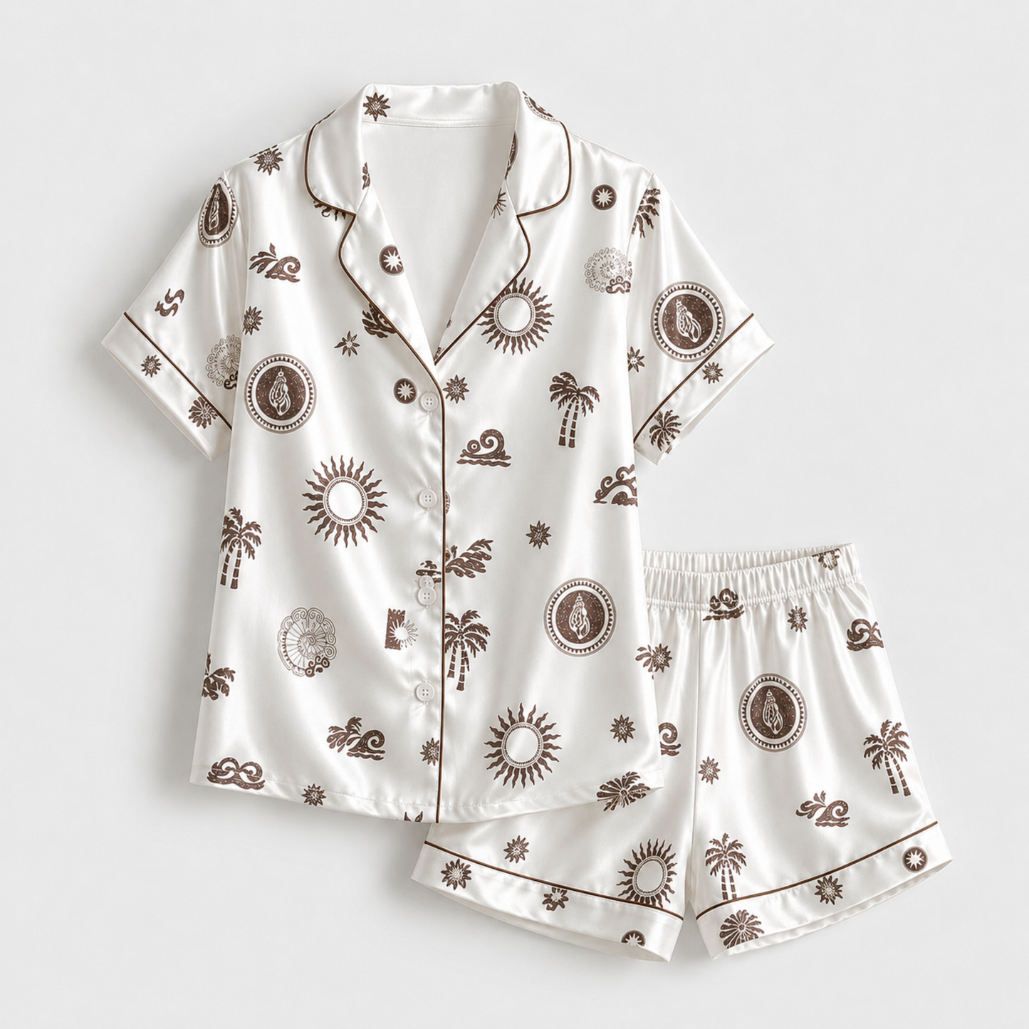 PJ-M144-White Satin Coastal Pajama Apparel, Brown Sun Pattern Short Sleeve Loungewear Sleepwear Collection Clothing