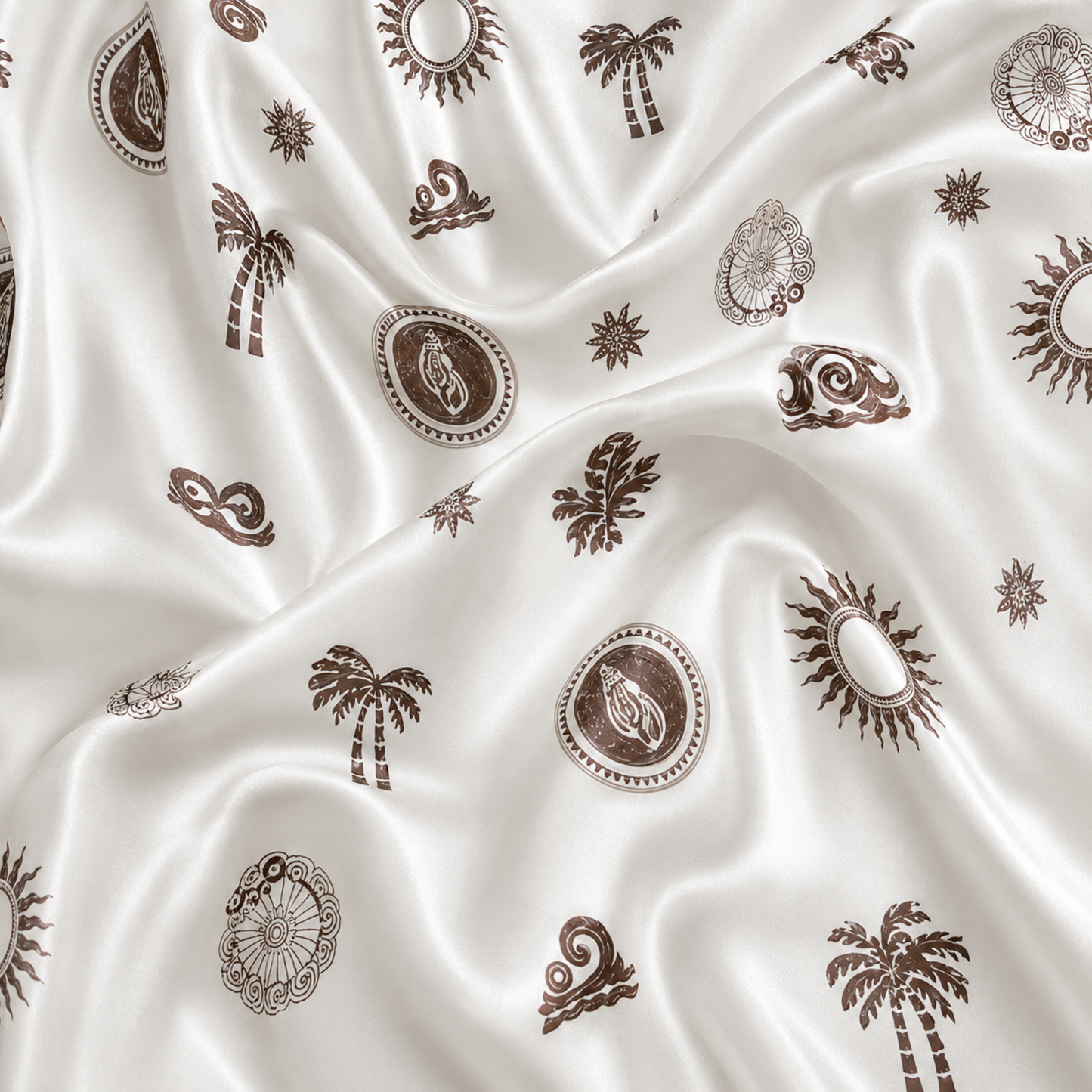 PJ-M144-White Satin Coastal Pajama Apparel, Brown Sun Pattern Short Sleeve Loungewear Sleepwear Collection Clothing
