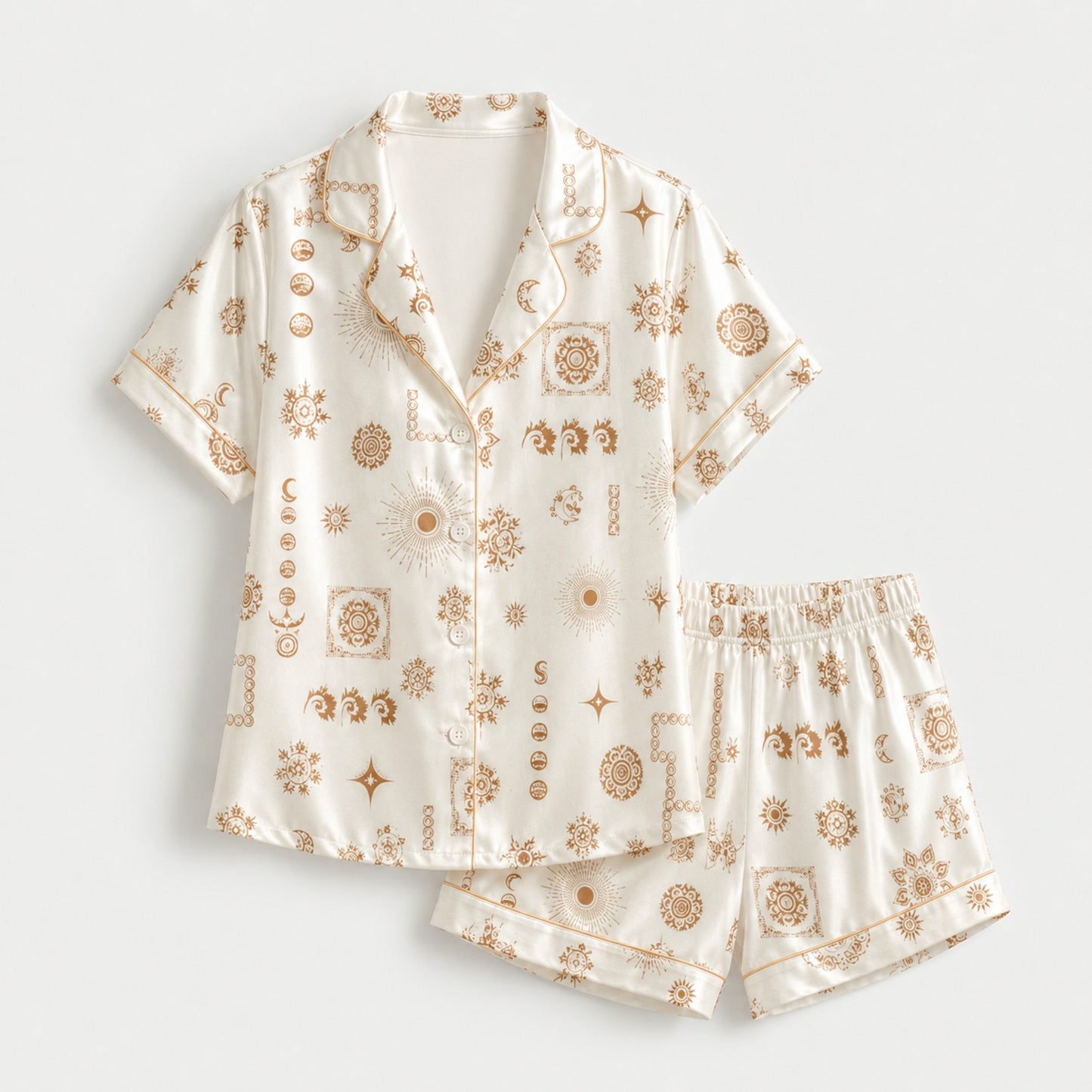 PJ-M145-Luxury White Satin Celestial Sun Moon Star Pajama Set