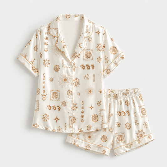 PJ-M145-Luxury White Satin Celestial Sun Moon Star Pajama Set