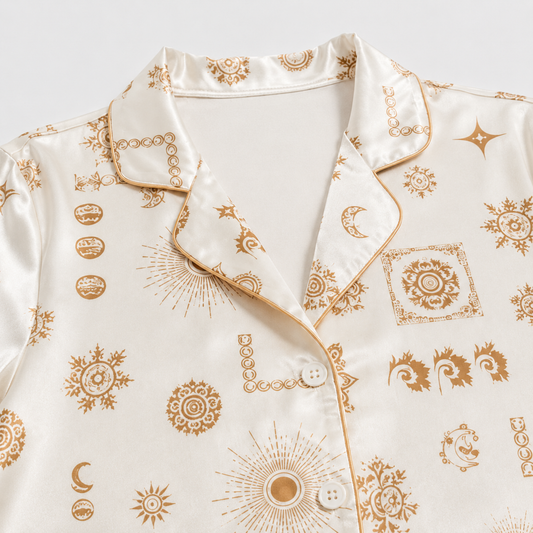 PJ-M145-Luxury White Satin Celestial Sun Moon Star Pajama Set