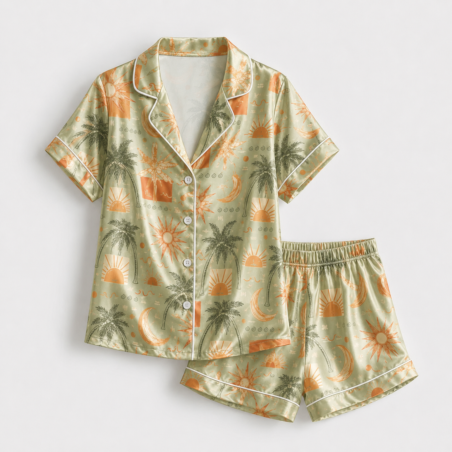 PJ-M146-Tropical Olive Green Satin Pajama Set With Sun Moon Palm Tree Print Sleepwear Gift