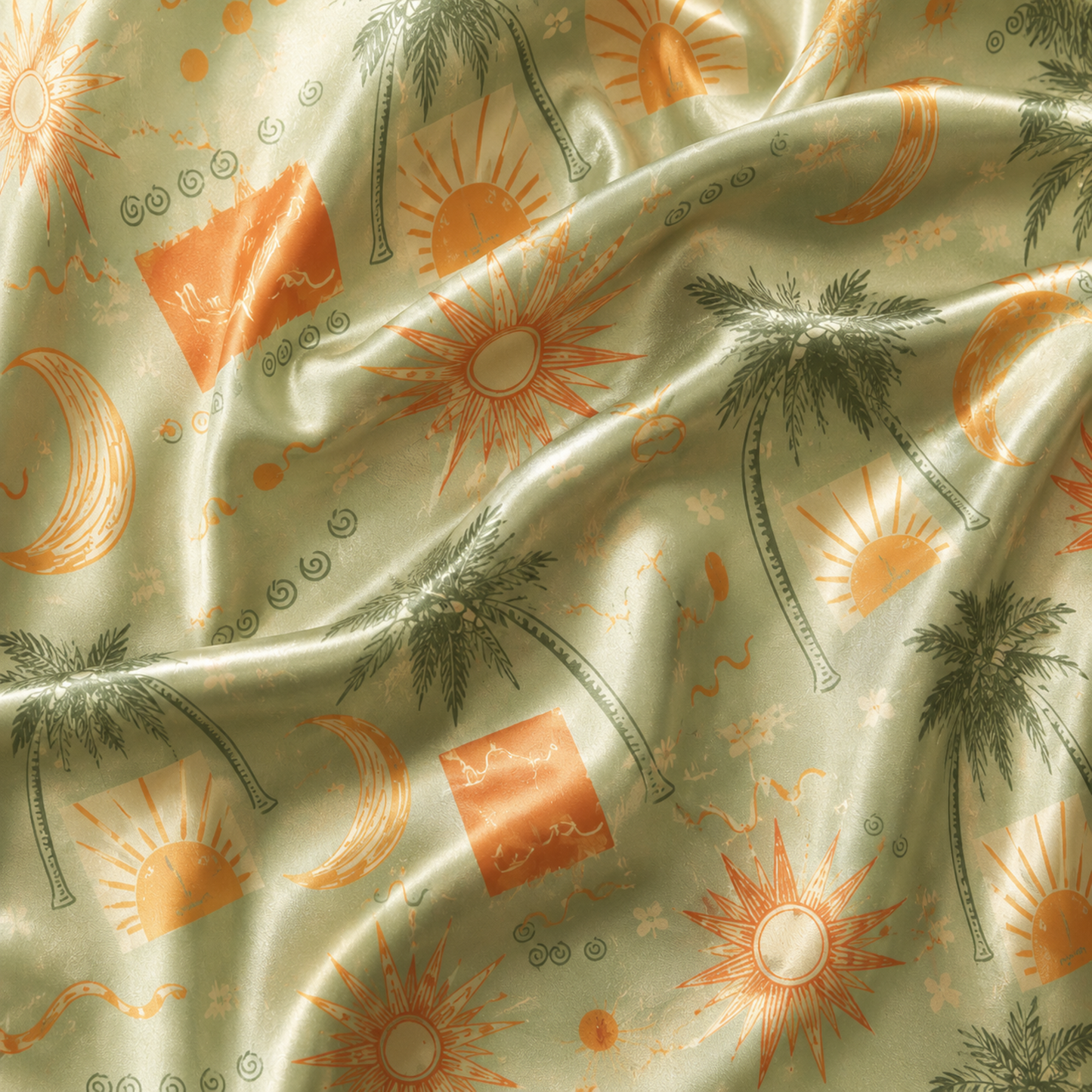 PJ-M146-Tropical Olive Green Satin Pajama Set With Sun Moon Palm Tree Print Sleepwear Gift