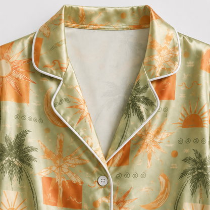 PJ-M146-Tropical Olive Green Satin Pajama Set With Sun Moon Palm Tree Print Sleepwear Gift