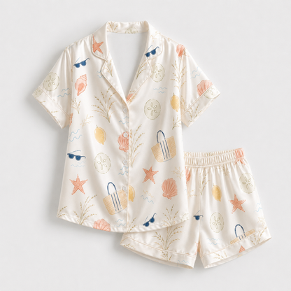 PJ-M147-Coastal Summer Vacation Seaside Motif Satin Pajama Set For Elevated Relaxed Home Loungewear Gift