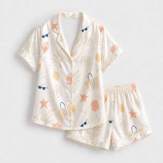 PJ-M147-Coastal Summer Vacation Seaside Motif Satin Pajama Set For Elevated Relaxed Home Loungewear Gift