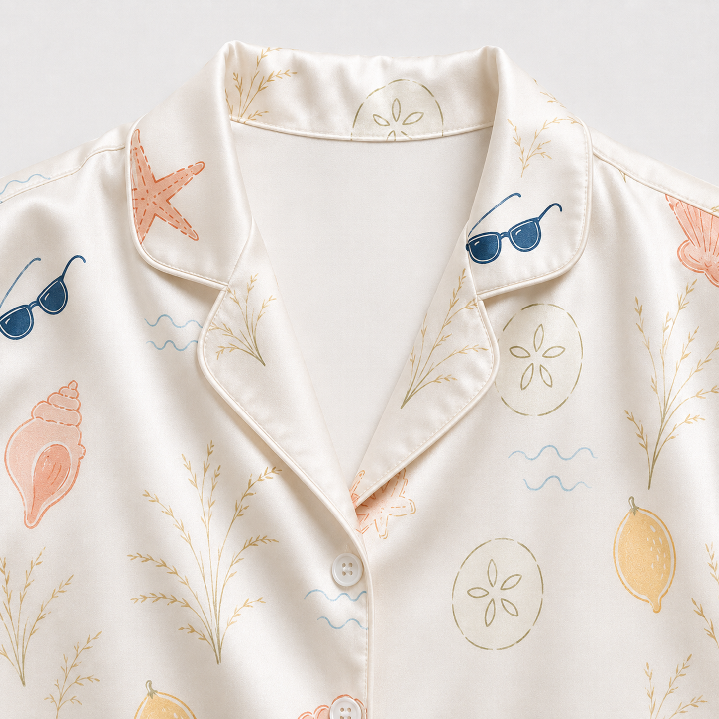 PJ-M147-Coastal Summer Vacation Seaside Motif Satin Pajama Set For Elevated Relaxed Home Loungewear Gift