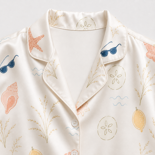 PJ-M147-Coastal Summer Vacation Seaside Motif Satin Pajama Set For Elevated Relaxed Home Loungewear Gift