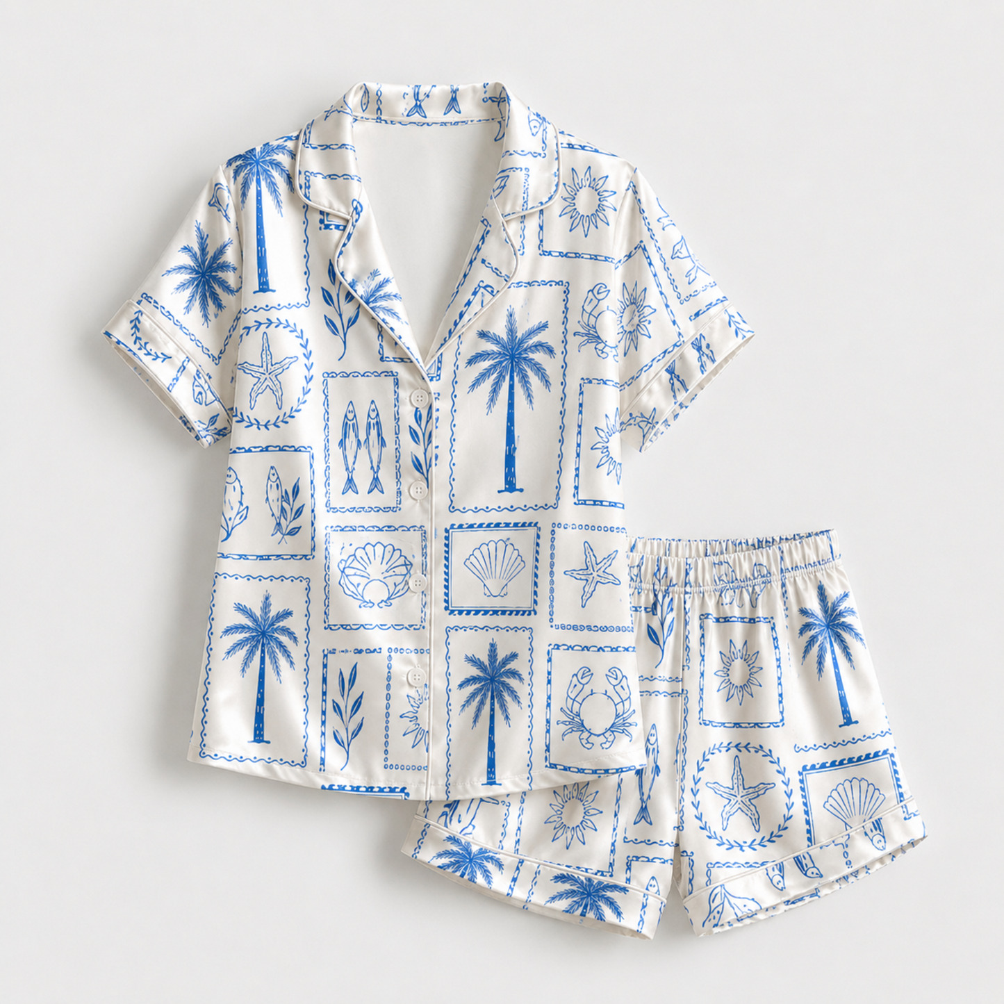 PJ-M148-Blue Coastal Shell Palm Crab Starfish Satin Pajama Set Sleepwear