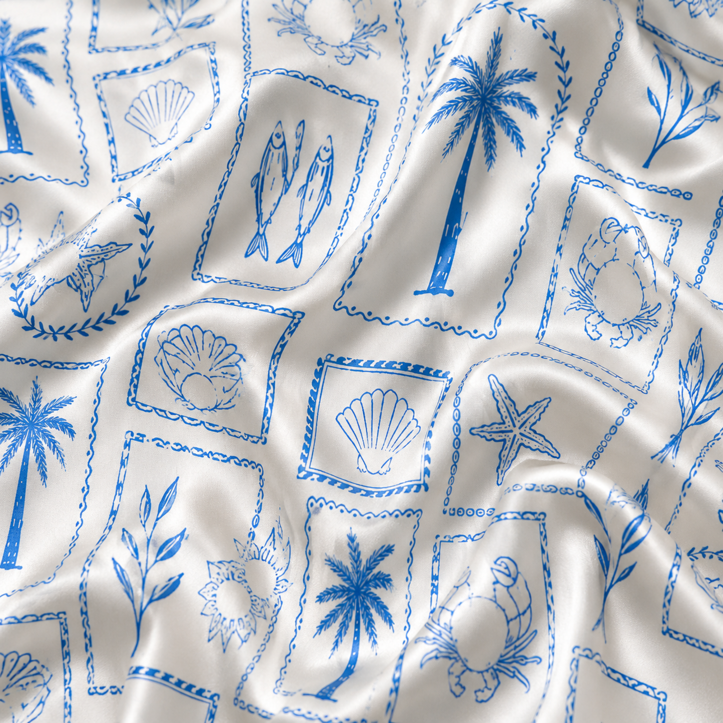 PJ-M148-Blue Coastal Shell Palm Crab Starfish Satin Pajama Set Sleepwear