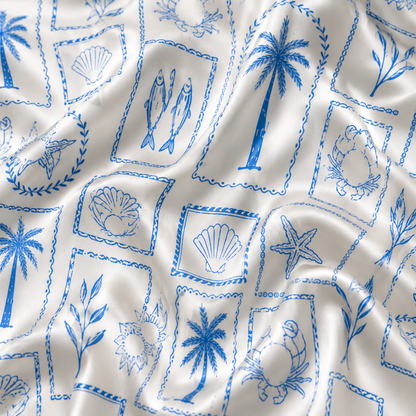 PJ-M148-Blue Coastal Shell Palm Crab Starfish Satin Pajama Set Sleepwear