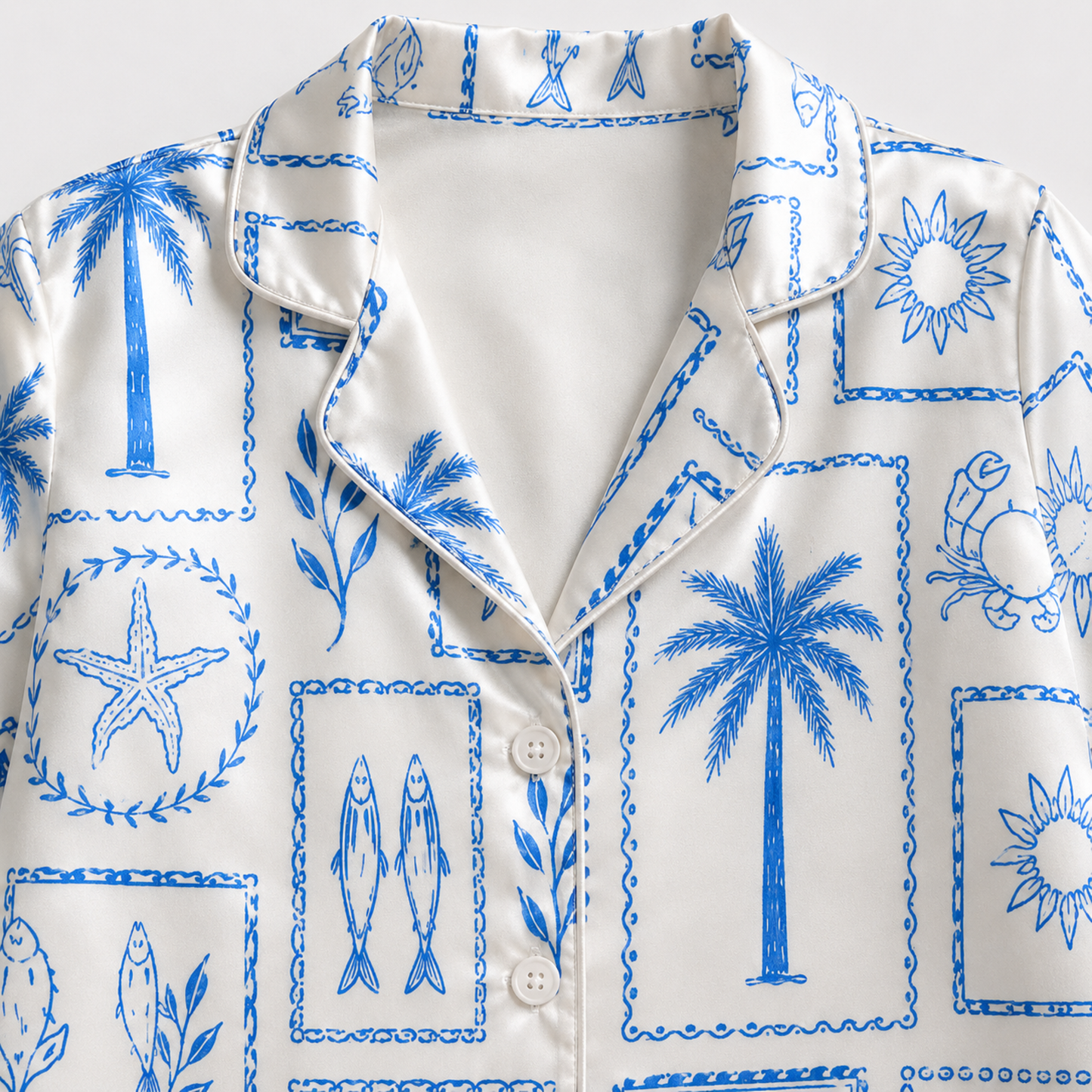 PJ-M148-Blue Coastal Shell Palm Crab Starfish Satin Pajama Set Sleepwear