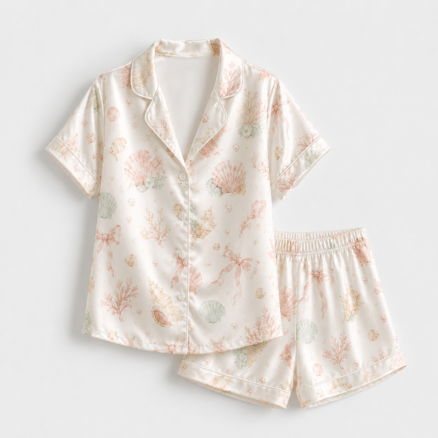 PJ-M149-Pastel Seashell Coral Satin Pajamas Coquette Bow Coastal Sleepwear Pjs