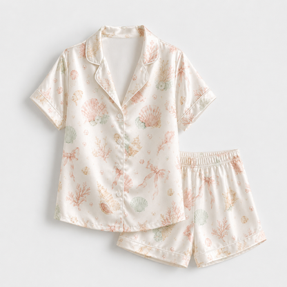PJ-M149-Pastel Seashell Coral Satin Pajamas Coquette Bow Coastal Sleepwear Pjs