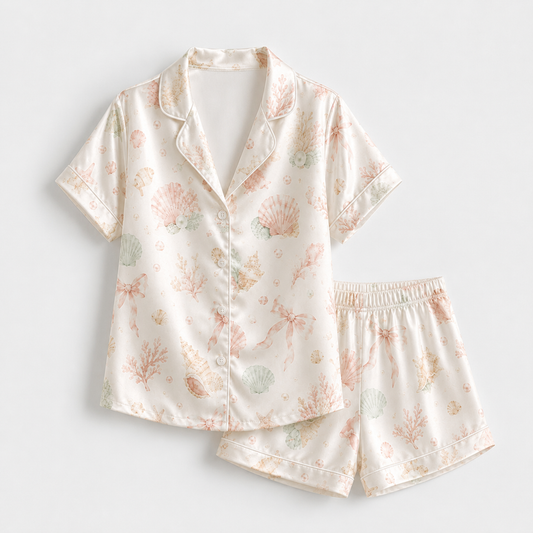 PJ-M149-Pastel Seashell Coral Satin Pajamas Coquette Bow Coastal Sleepwear Pjs