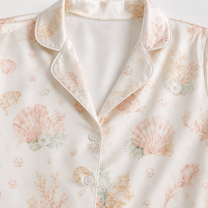 PJ-M149-Pastel Seashell Coral Satin Pajamas Coquette Bow Coastal Sleepwear Pjs