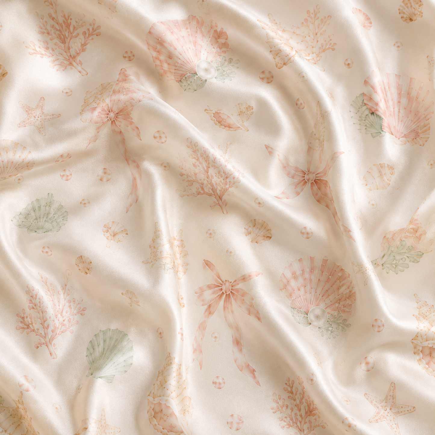 PJ-M149-Pastel Seashell Coral Satin Pajamas Coquette Bow Coastal Sleepwear Pjs