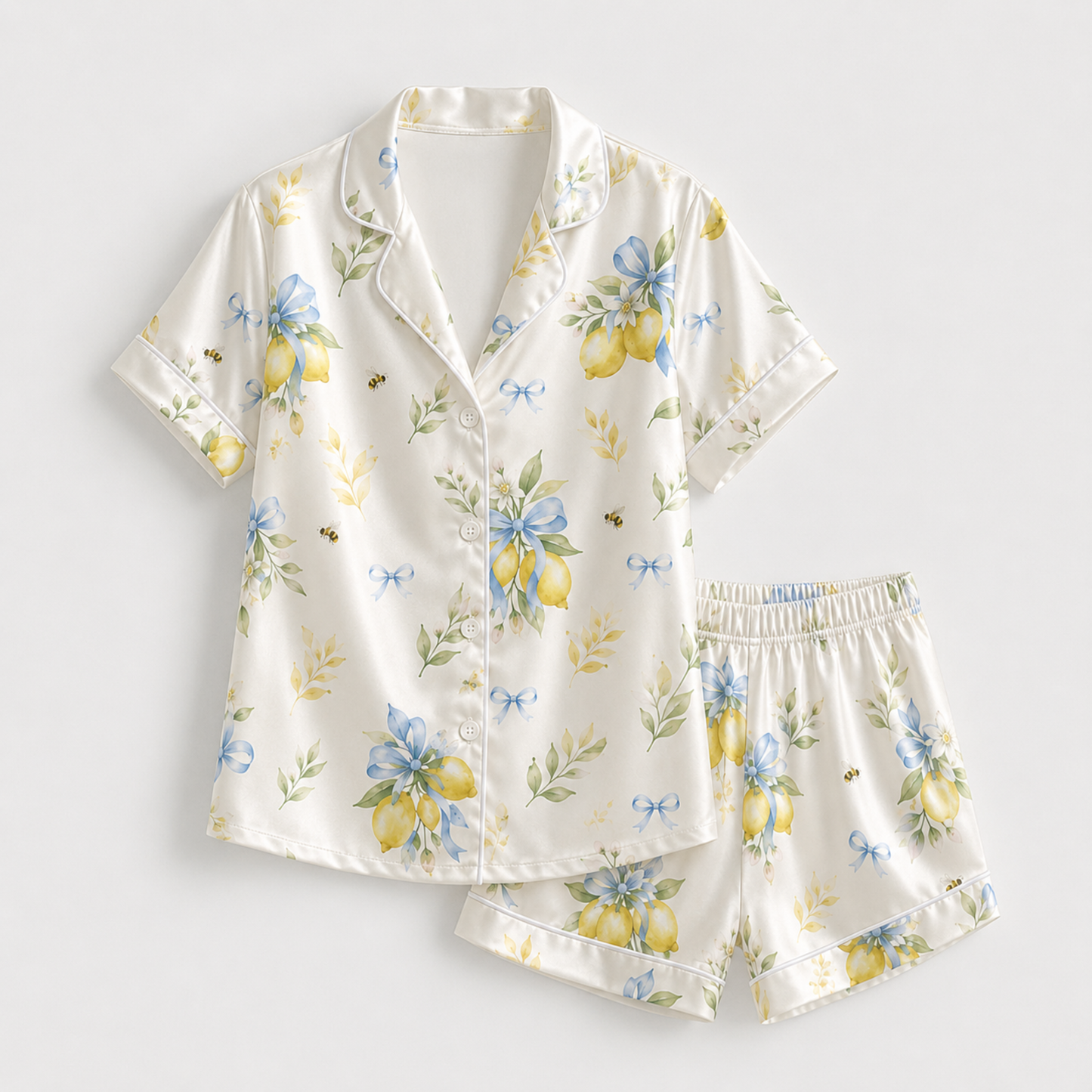 PJ-M150-Botanical Lemon Bow Satin Pajamas Watercolor Bee Floral Sleepwear Pjs