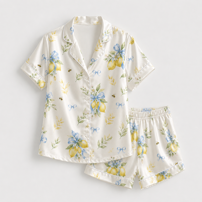 PJ-M150-Botanical Lemon Bow Satin Pajamas Watercolor Bee Floral Sleepwear Pjs