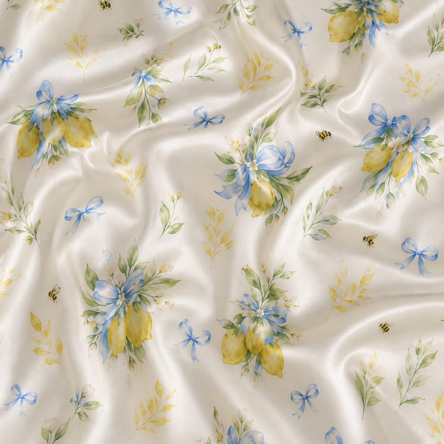 PJ-M150-Botanical Lemon Bow Satin Pajamas Watercolor Bee Floral Sleepwear Pjs