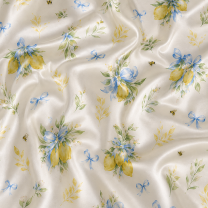 PJ-M150-Botanical Lemon Bow Satin Pajamas Watercolor Bee Floral Sleepwear Pjs