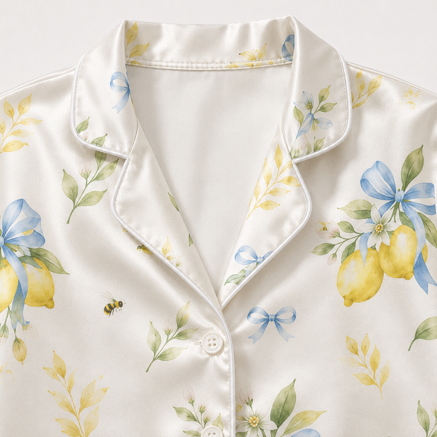 PJ-M150-Botanical Lemon Bow Satin Pajamas Watercolor Bee Floral Sleepwear Pjs