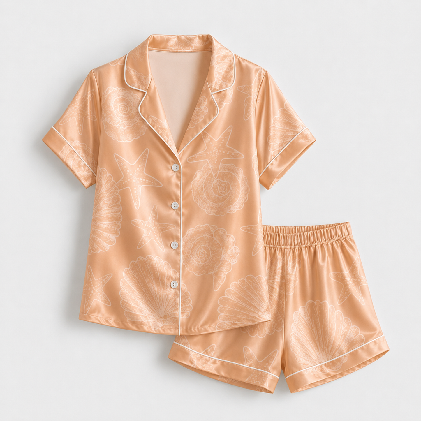 PJ-M151-Peach Seashell Sketch Satin Pajamas Minimalist Starfish Coastal Sleepwear Pjs
