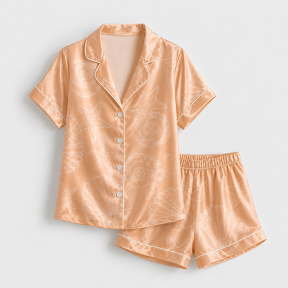 PJ-M151-Peach Seashell Sketch Satin Pajamas Minimalist Starfish Coastal Sleepwear Pjs
